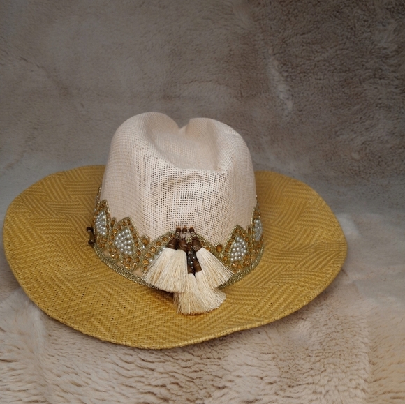 Pasionarte Hand Made One Of A Kind Straw Cowboy Hat With Tassles And Pearls main image 5